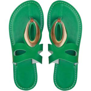 imageOYOANGLE Womens Metal Decor Leather Thong Sandals Open Toe Slip on Flat Sandal Casual Flip FlopsGreen