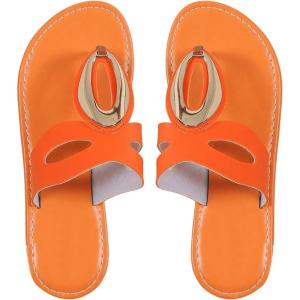 imageOYOANGLE Womens Metal Decor Leather Thong Sandals Open Toe Slip on Flat Sandal Casual Flip FlopsOrange