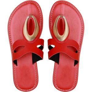 imageOYOANGLE Womens Metal Decor Leather Thong Sandals Open Toe Slip on Flat Sandal Casual Flip FlopsRed
