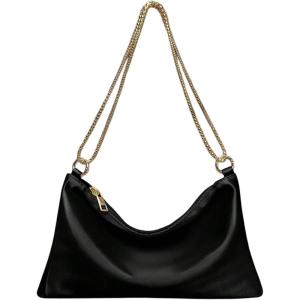 imageOYOANGLE Womens Metallic Chain Shoulder Bag Satin Evening Purse Tote Bags Zipper Formal Clutch HandbagsBlack