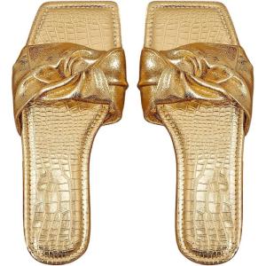 imageOYOANGLE Womens Metallic Sparkly Ruched Square Open Toe Side Sandals Ruched Single Band Flat SandalGold