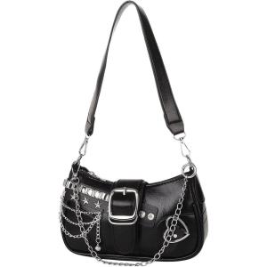 imageOYOANGLE Womens PU Leather Shoulder Bags Y2K Chain Decor Zipper Top Handle Handbags Small Underarm BagsBlack