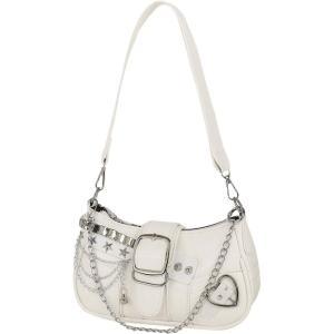 imageOYOANGLE Womens PU Leather Shoulder Bags Y2K Chain Decor Zipper Top Handle Handbags Small Underarm BagsWhite
