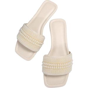imageOYOANGLE Womens Pearl Beaded Single Band Square Open Toe Flat Sandals Elegant Casual Leather Slides SlippersBeige
