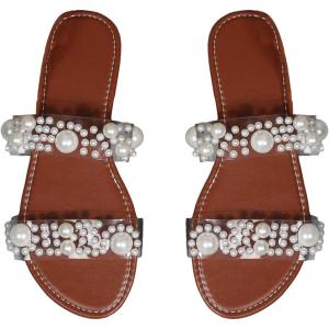 imageOYOANGLE Womens Pearl Decor Clear Double Strap Open Toe Slide Sandals Dressy Summer Slip on Flat SandalsBrown