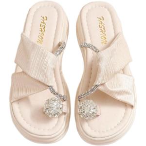 imageOYOANGLE Womens Rhinestone Crossed Strap Toe Ring Sandals Comfy Platform Flip Flops Elegant Outdoor SlippersBeige