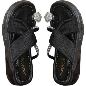 imageOYOANGLE Womens Rhinestone Crossed Strap Toe Ring Sandals Comfy Platform Flip Flops Elegant Outdoor SlippersBlack