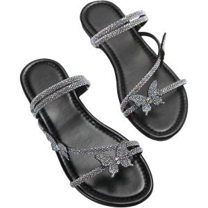 imageOYOANGLE Womens Rhinestone Decor Strappy Flat Sandals Glitter Thin Straps Open Toe Slip on Dressy SlidesBlack