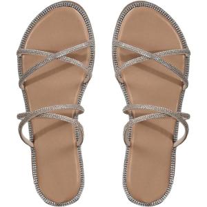 imageOYOANGLE Womens Rhinestone Flat Sandals Fashion Slides Open Toe Slide Casual SlippersApricot Beige