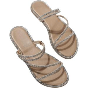 imageOYOANGLE Womens Rhinestone Flat Sandals Fashion Slides Open Toe Slide Casual SlippersApricot Silver