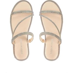 imageOYOANGLE Womens Rhinestone Flat Sandals Fashion Slides Open Toe Slide Casual SlippersBeige