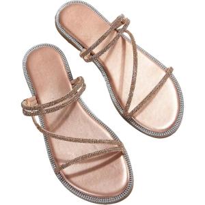 imageOYOANGLE Womens Rhinestone Flat Sandals Fashion Slides Open Toe Slide Casual SlippersChampagne Solid