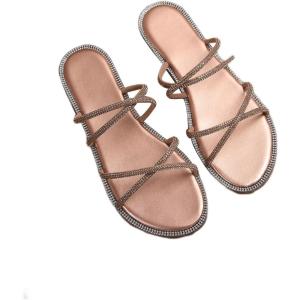 imageOYOANGLE Womens Rhinestone Flat Sandals Fashion Slides Open Toe Slide Casual SlippersRose Gold