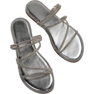 imageOYOANGLE Womens Rhinestone Flat Sandals Fashion Slides Open Toe Slide Casual SlippersSilver