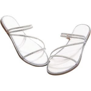 imageOYOANGLE Womens Rhinestone Flat Sandals Fashion Slides Open Toe Slide Casual SlippersWhite