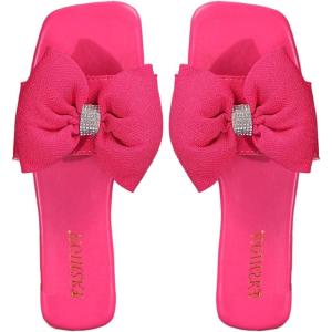 imageOYOANGLE Womens Rhinestone Sparkly Bow Slide Sandals Square Open Toe Slip on Flat Sandal Dressy ShoesHot Pink