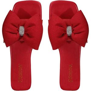 imageOYOANGLE Womens Rhinestone Sparkly Bow Slide Sandals Square Open Toe Slip on Flat Sandal Dressy ShoesRed