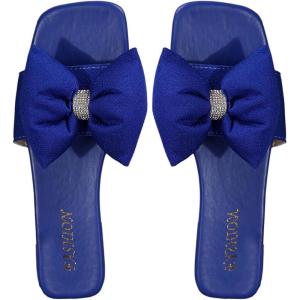 imageOYOANGLE Womens Rhinestone Sparkly Bow Slide Sandals Square Open Toe Slip on Flat Sandal Dressy ShoesRoyal Blue