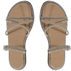 imageOYOANGLE Womens Rhinestone Strappy Open Toe Slide Sandals Slip on Casual Flat SandalsApricot