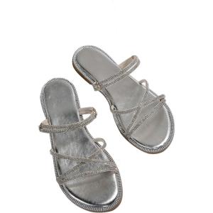 imageOYOANGLE Womens Rhinestone Strappy Open Toe Slide Sandals Slip on Casual Flat SandalsMetallic Silver