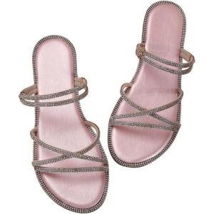 imageOYOANGLE Womens Rhinestone Strappy Open Toe Slide Sandals Slip on Casual Flat SandalsPink
