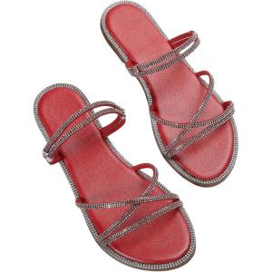imageOYOANGLE Womens Rhinestone Strappy Open Toe Slide Sandals Slip on Casual Flat SandalsRed
