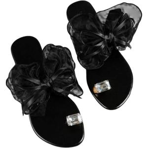 imageOYOANGLE Womens Rhinestone Toe Ring Bowknot Sandals Open Toe Flat Flip Flops Casual Elegant SandalsBlack