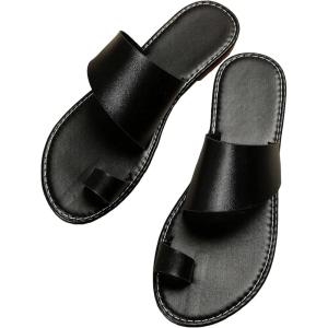 imageOYOANGLE Womens Toe Ring Open Toe Flat Sandals Strappy Solid Non Slip Outdoor Beach Slides SlippersBlack