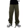 imageOYOANGLE Mens Camo Print Drawstring Waist Straight Wide Leg Flap Pocket Cargo Pants TrousersArmy Green