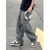 imageOYOANGLE Mens Camo Print Drawstring Waist Straight Wide Leg Flap Pocket Cargo Pants TrousersLight Grey