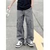 imageOYOANGLE Mens Camo Print Drawstring Waist Straight Wide Leg Flap Pocket Cargo Pants TrousersLight Grey