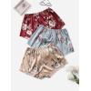 imageOYOANGLE Womens 3 Pieces Floral Print Satin Sleep Pajama Shorts Loungewear ShortsBurgundy Blue Apricot