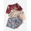 imageOYOANGLE Womens 3 Pieces Floral Print Satin Sleep Pajama Shorts Loungewear ShortsBurgundy Blue Apricot