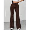 imageOYOANGLE Womens Houndstooth Pattern High Waisted Flared Leg Pants Workout Bell Bottom Casual PantsBrown