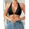 imageOYOANGLE Womens Lace Trim Front Closure Bralette Halter Neck Wireless Backless Knitted Casual Everyday BrasBlack