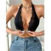 imageOYOANGLE Womens Lace Trim Front Closure Bralette Halter Neck Wireless Backless Knitted Casual Everyday BrasBlack