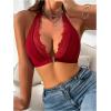 imageOYOANGLE Womens Lace Trim Front Closure Bralette Halter Neck Wireless Backless Knitted Casual Everyday BrasBurgundy