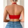 imageOYOANGLE Womens Lace Trim Front Closure Bralette Halter Neck Wireless Backless Knitted Casual Everyday BrasRed