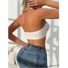 imageOYOANGLE Womens Lace Trim Front Closure Bralette Halter Neck Wireless Backless Knitted Casual Everyday BrasWhite