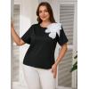imageOYOANGLE Womens Plus Size 3D Floral Appliques Tee Shirts Crew Neck Ruffle Short Sleeve Solid Casual Shirt TopsBlack and White