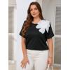 imageOYOANGLE Womens Plus Size 3D Floral Appliques Tee Shirts Crew Neck Ruffle Short Sleeve Solid Casual Shirt TopsBlack and White