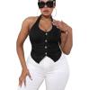 imageOYOANGLE Womens Plus Size Button Front Halter Denim Vest Tops Sleeveless Slit Hem Ruched Jean Tank TopBlack