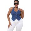 imageOYOANGLE Womens Plus Size Button Front Halter Denim Vest Tops Sleeveless Slit Hem Ruched Jean Tank TopBlue