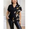 imageOYOANGLE Womens Plus Size Graphic Print Office Blouses Notch Neck Short Sleeve Elegant Casual Shirts TopsBlack