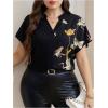 imageOYOANGLE Womens Plus Size Graphic Print Office Blouses Notch Neck Short Sleeve Elegant Casual Shirts TopsBlack