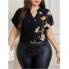 imageOYOANGLE Womens Plus Size Graphic Print Office Blouses Notch Neck Short Sleeve Elegant Casual Shirts TopsBlack