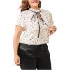imageOYOANGLE Womens Plus Size Heart Print Tie Neck Short Sleeve Work Office Summer Blouse TopsWhite