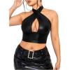 imageOYOANGLE Womens Plus Size Leather Criss Cross Crop Halter Top Cut Out Backless Tank Tops ClubwearBlack