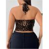 imageOYOANGLE Womens Plus Size Leopard Print Ruched Tie Back Halter Tops Y2K Sleeveless Going Out TopBrown