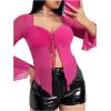 imageOYOANGLE Womens Plus Size Lettuce Trim Tie Front Split Hem Top Sweetheart Neck Long Sleeve Mesh Tee ShirtHot Pink